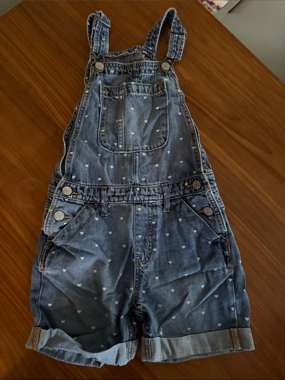 GAP Denim Short Overalls with White Heart Print - Blue